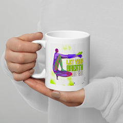 Energizing Bridge Pose on a sleek white glossy mug.