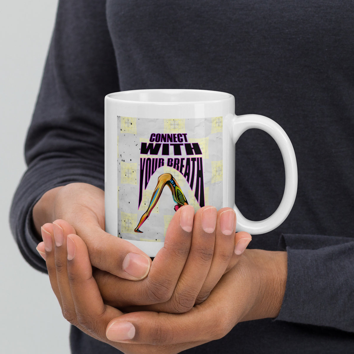 White mug featuring Triangle Pose for mental clarity.