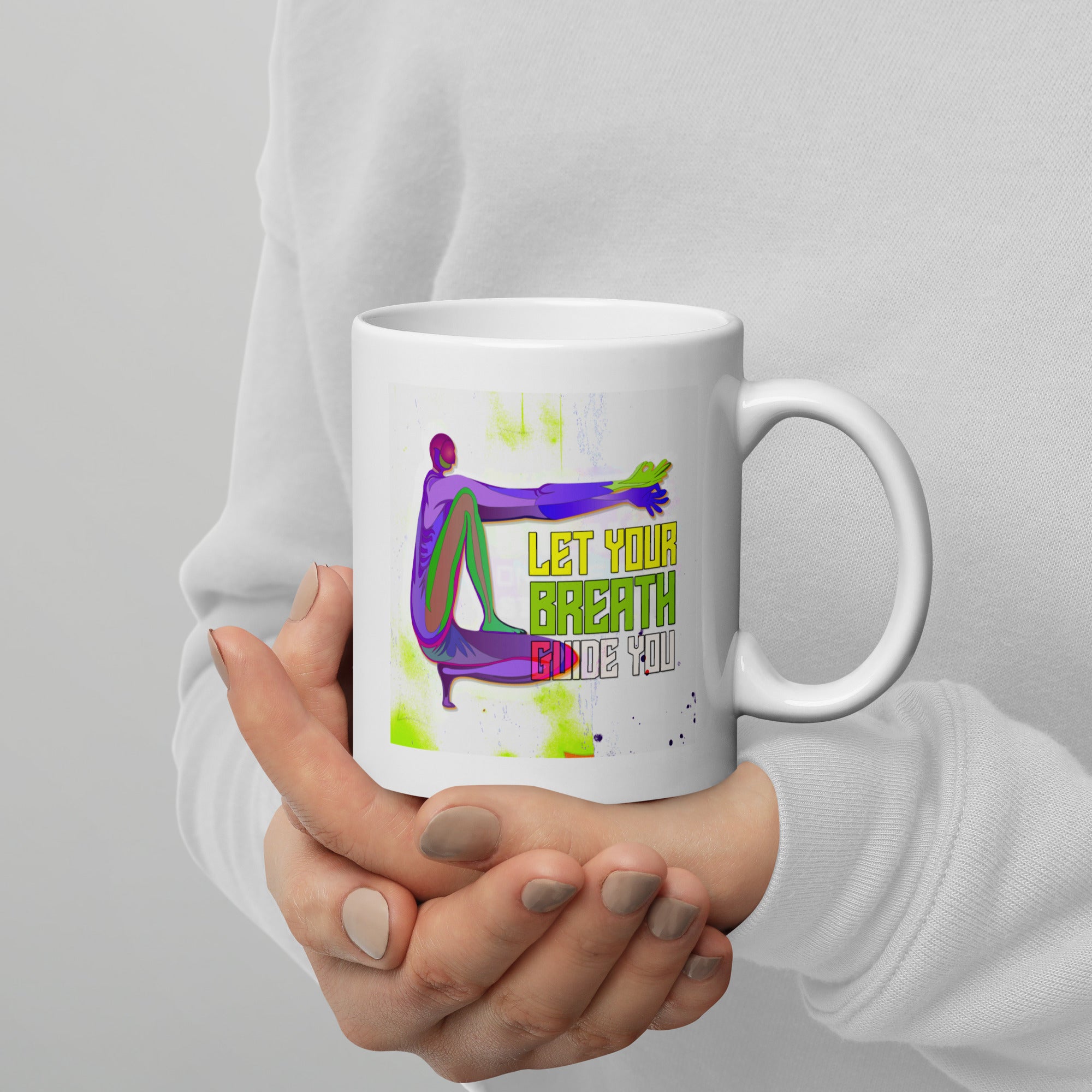 Renewal-themed white coffee mug featuring Bridge Pose.