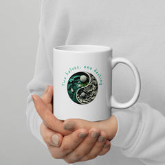 White glossy mug with polar opposite theme design.