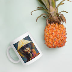 Urban Luxe Beyond Style White Glossy Mug on a modern kitchen counter.