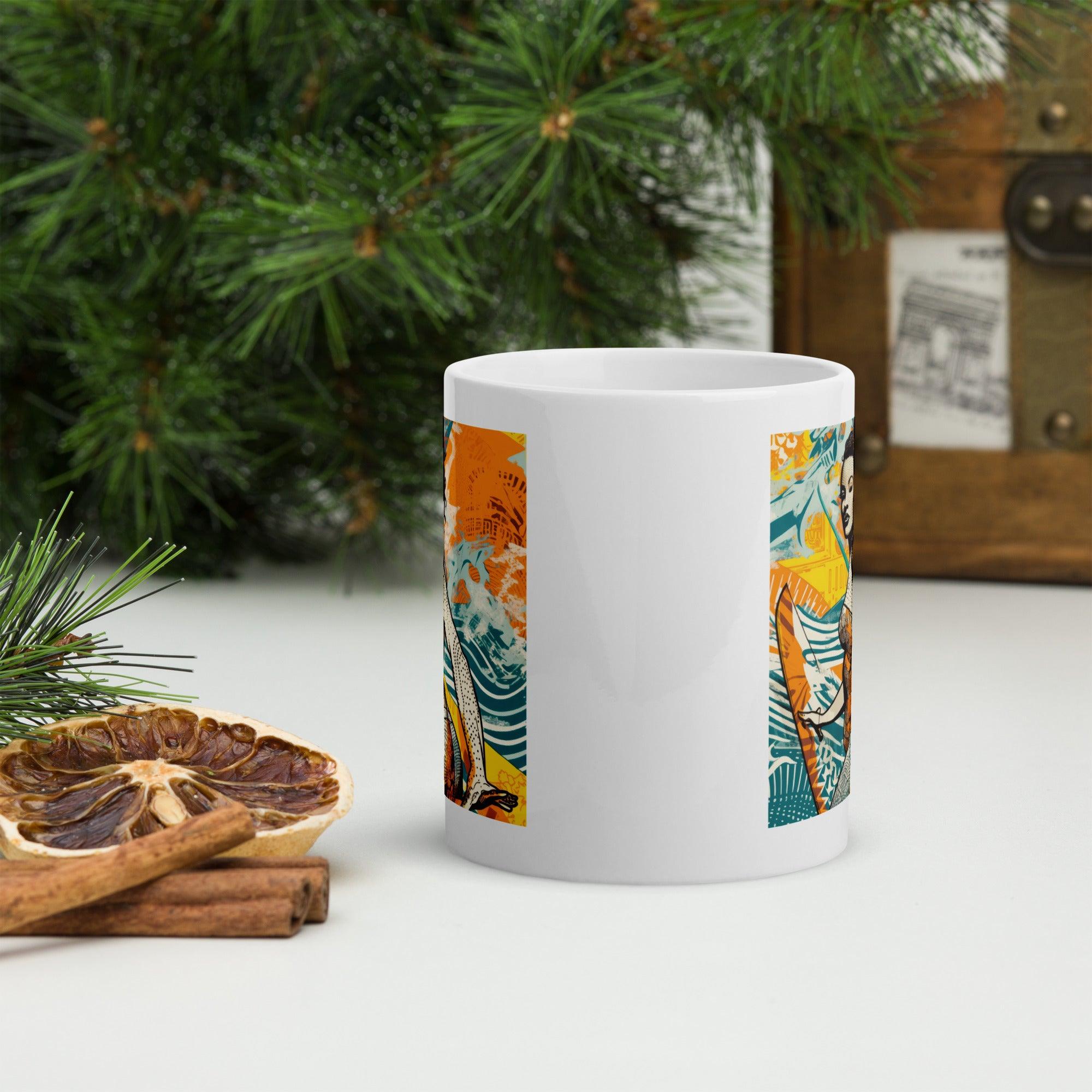 Chic Surfing 5 30 White Glossy Mug, adding a splash of surf culture to your coffee time.