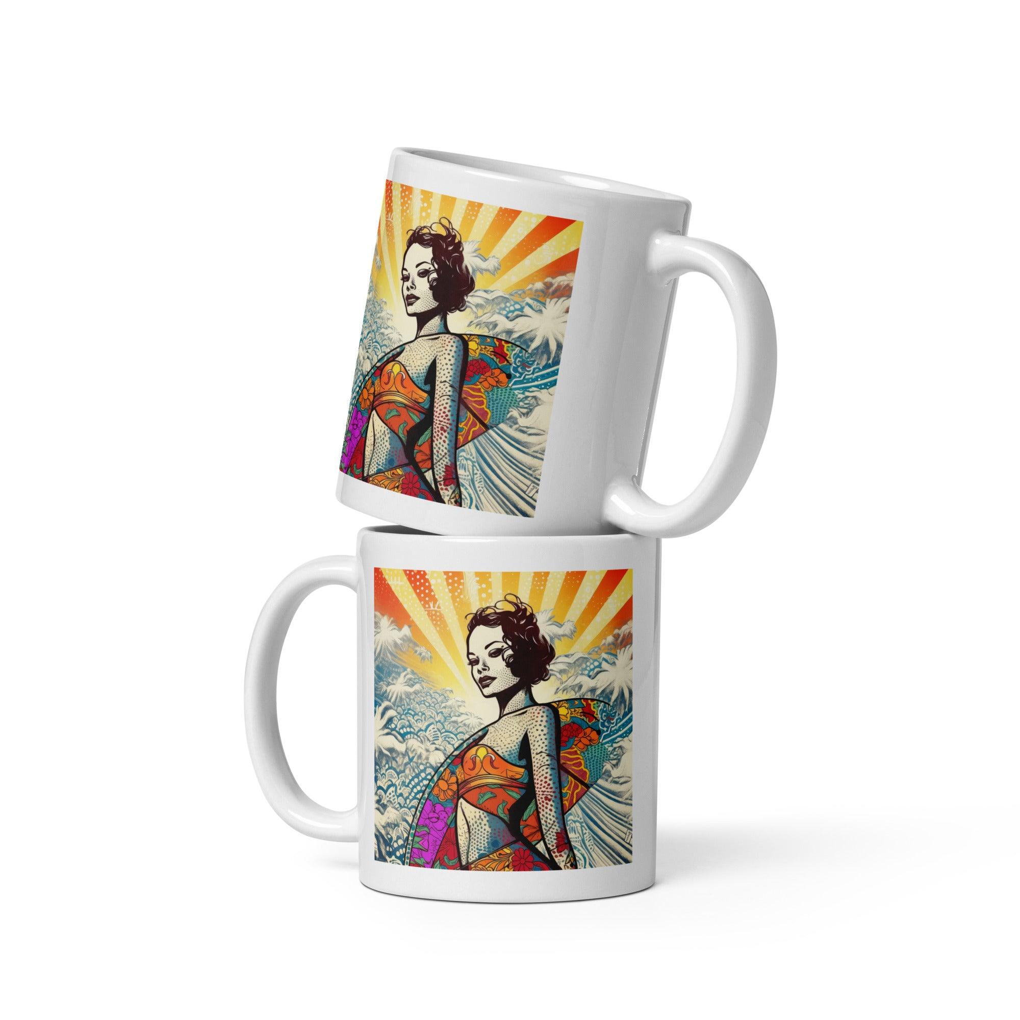 Elegant Surfing 5 27 White Glossy Mug with a serene coastal scene for a relaxing coffee experience.