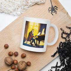 NS-835 elegant white glossy mug on a wooden table with morning light.