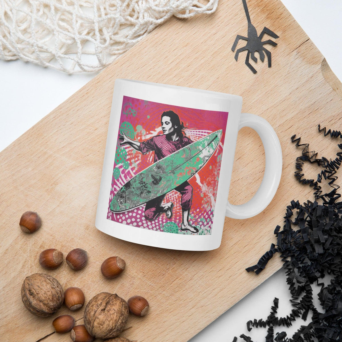 Elegant Surfing 5 10 White Glossy Mug with a vibrant surf scene for a lively start to your day.