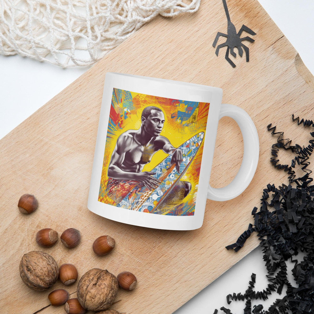 Refreshing Surfing 5 16 White Glossy Mug with lively surf and wave illustrations for an invigorating morning.