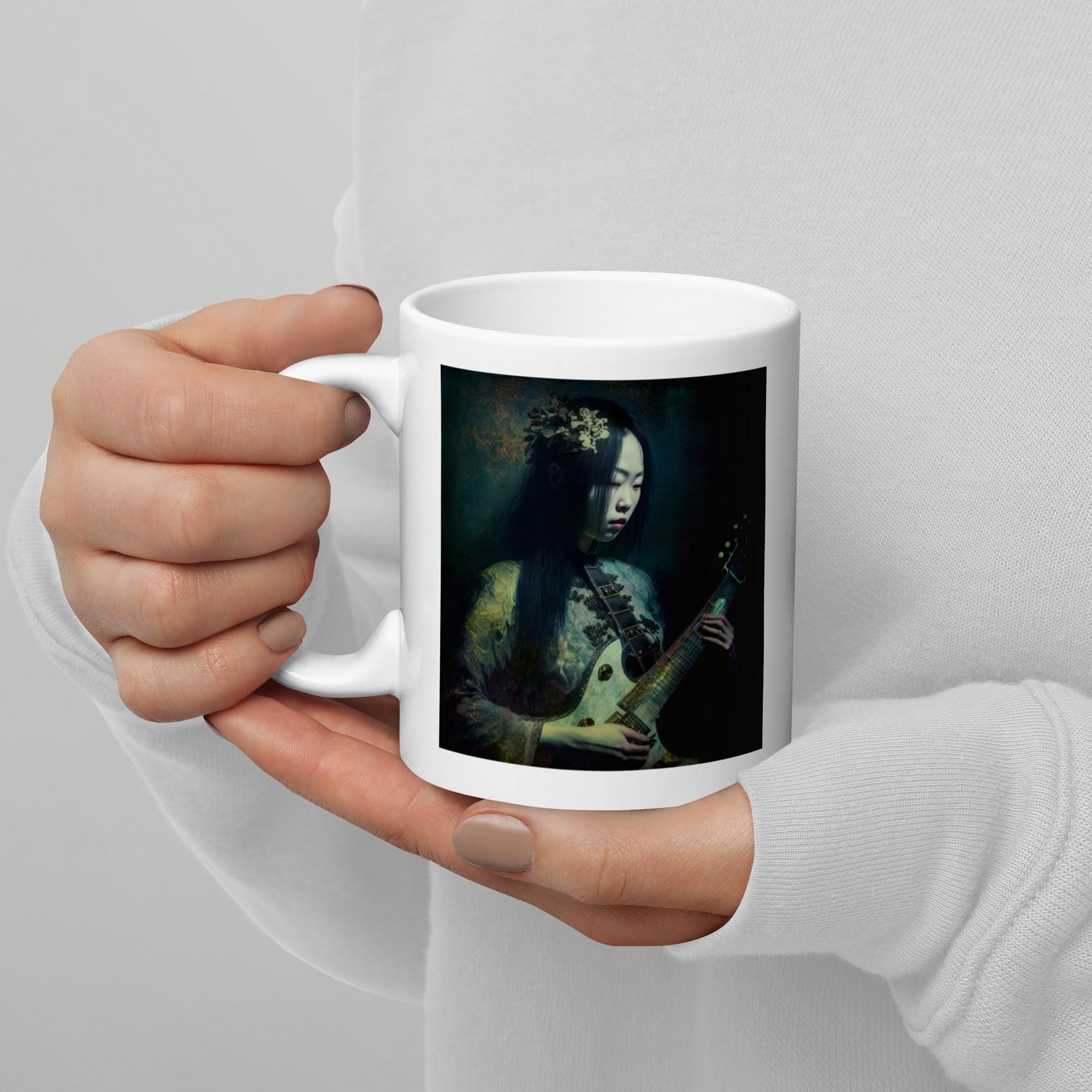 Hand holding the NS-809 white glossy mug filled with steaming coffee.