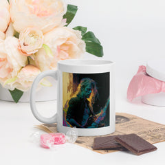 NS-821 white glossy coffee mug filled with steaming coffee.