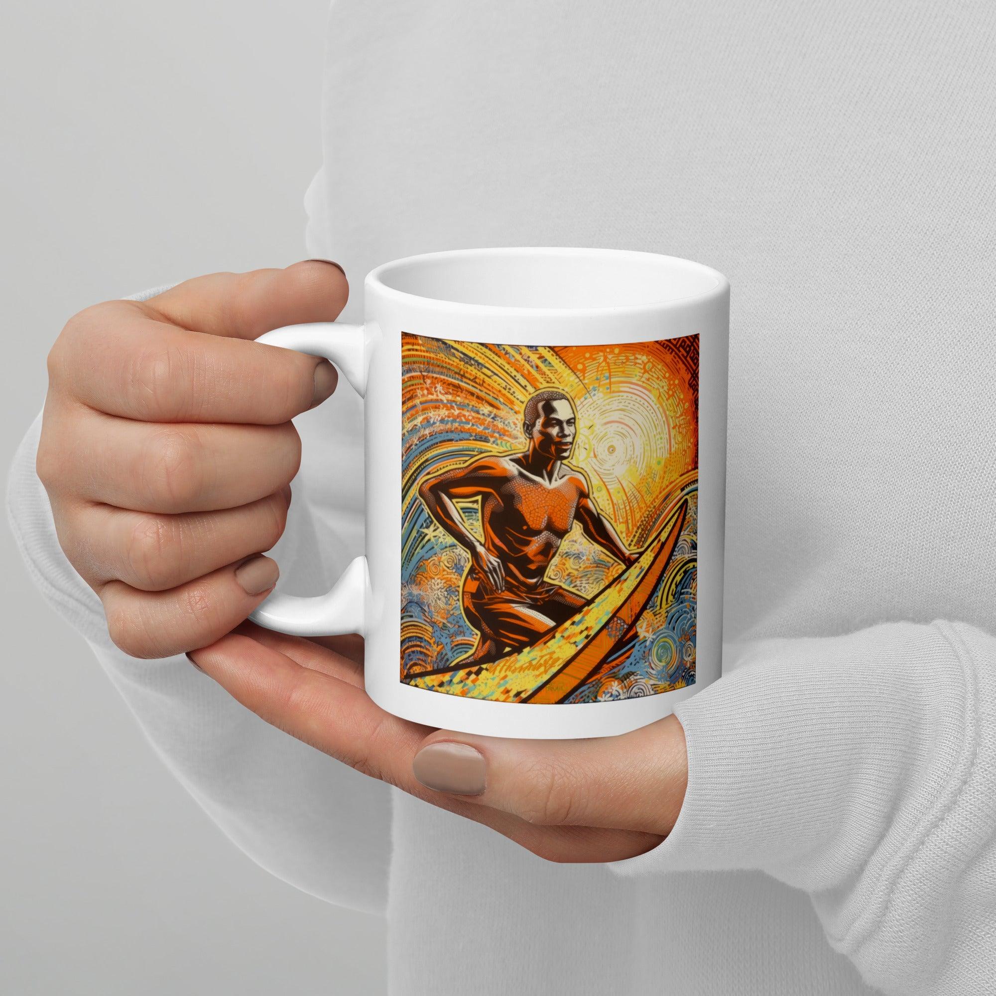 Chic white glossy mug featuring Surfing 5 15's stylish wave design, perfect for surf lovers.