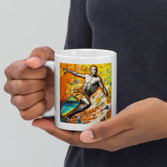 Chic white glossy mug featuring Surfing 5 12's unique coastal pattern, ideal for surf lovers.