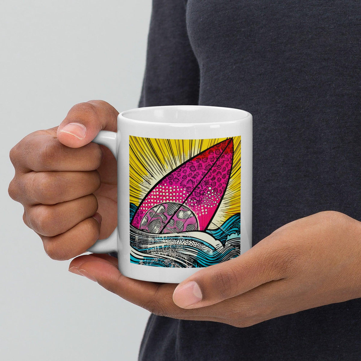 Chic Surfing 5 32 White Glossy Mug with a sleek surfboard design for stylish mornings.