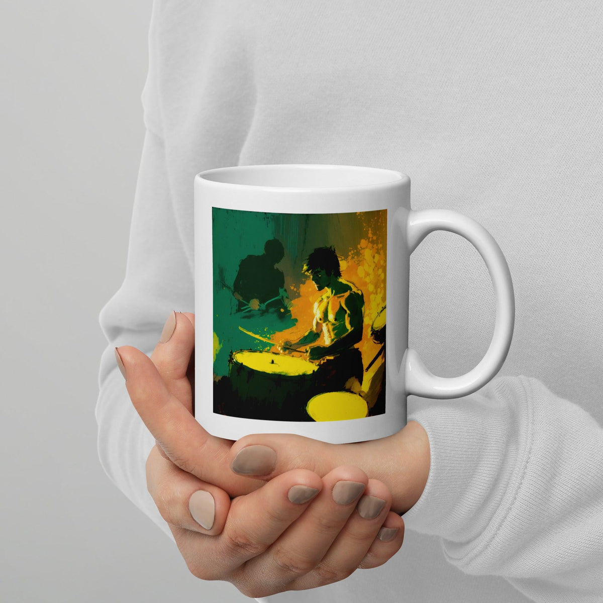 NS-824 elegant white glossy mug filled with coffee, steam visible.