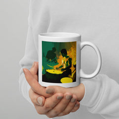 NS-824 elegant white glossy mug filled with coffee, steam visible.