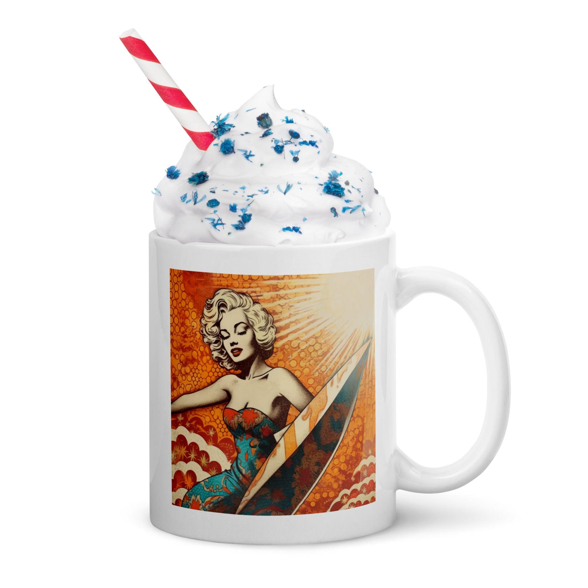 Elegant Surfing 5 05 White Glossy Mug with serene surf and beach design for a peaceful morning.