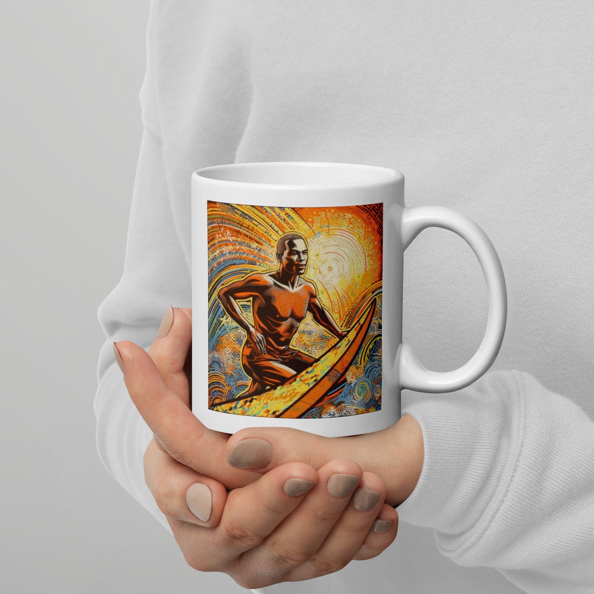 Elegant Surfing 5 15 White Glossy Mug with serene surf pattern for a tranquil coffee break.