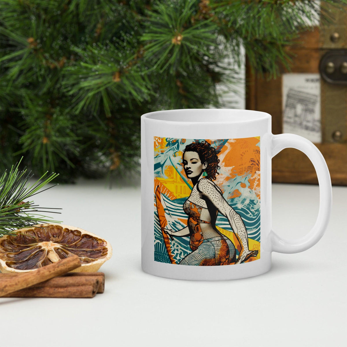 Bright Surfing 5 30 White Glossy Mug with a cool surfboard design for a lively morning.