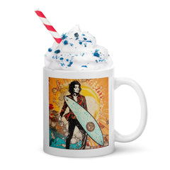 Vibrant Surfing 5 09 White Glossy Mug with lively surf graphics for a refreshing morning.