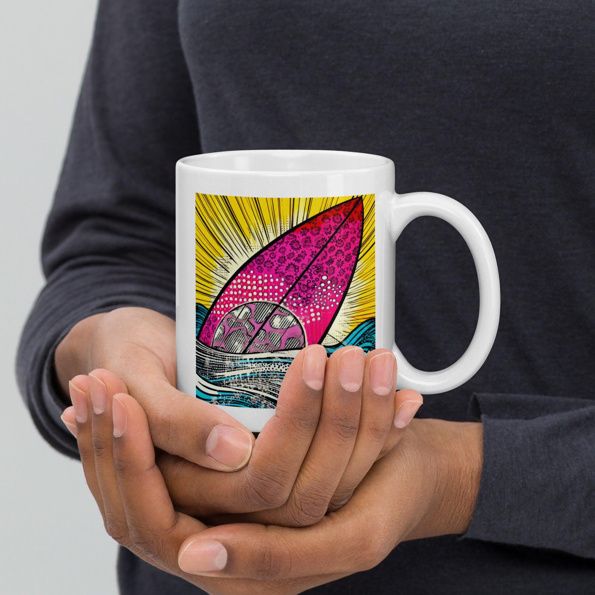 Elegant white mug featuring Surfing 5 32's vibrant wave pattern, perfect for your daily coffee.