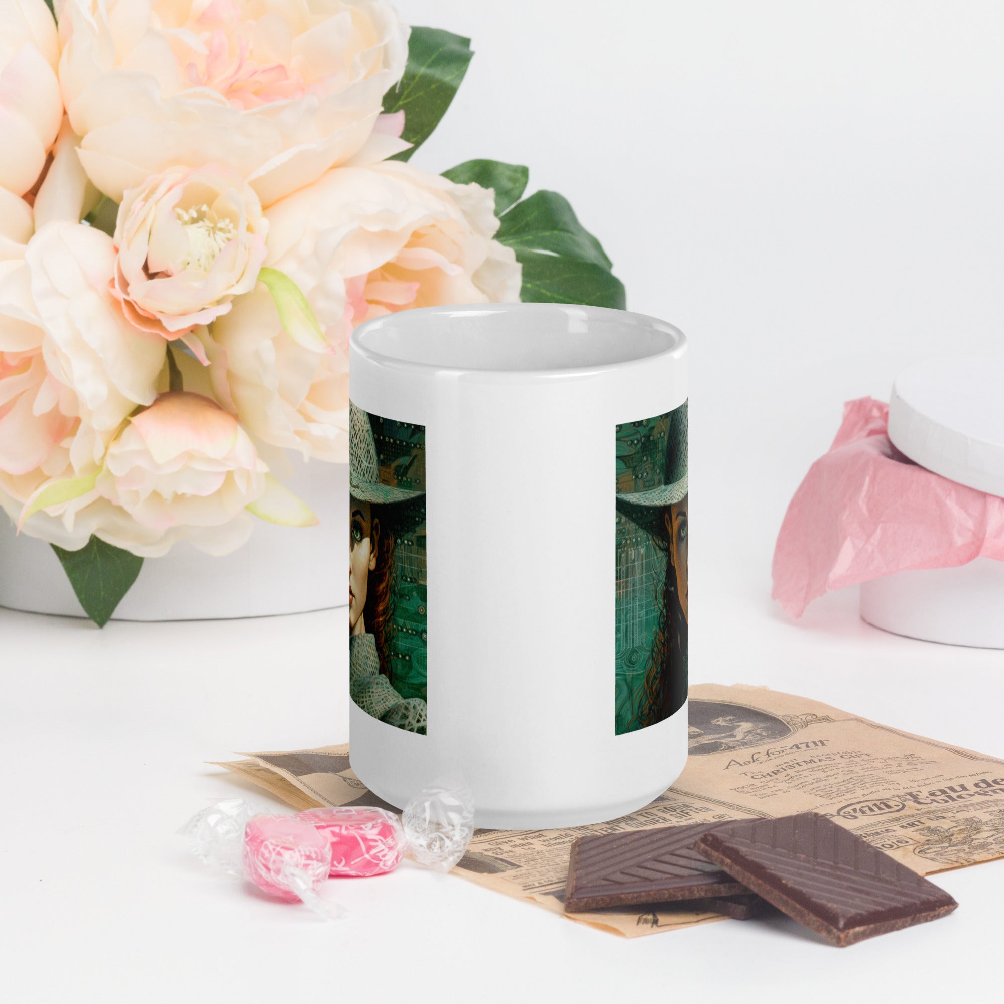 Ethereal Dreams Beyond Style White Glossy Mug in a serene kitchen setting.