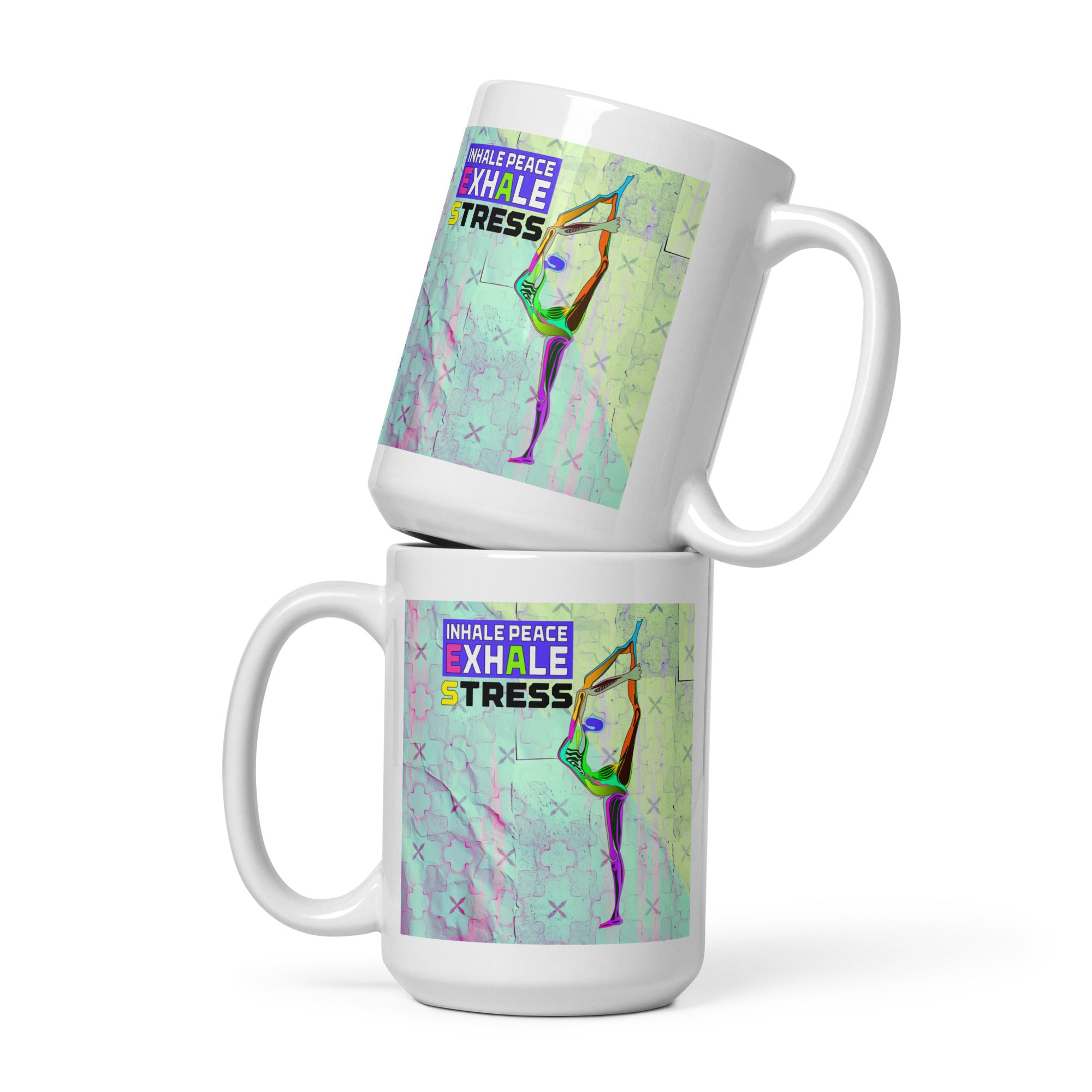 Yoga-inspired flexibility white coffee mug featuring Downward Dog.