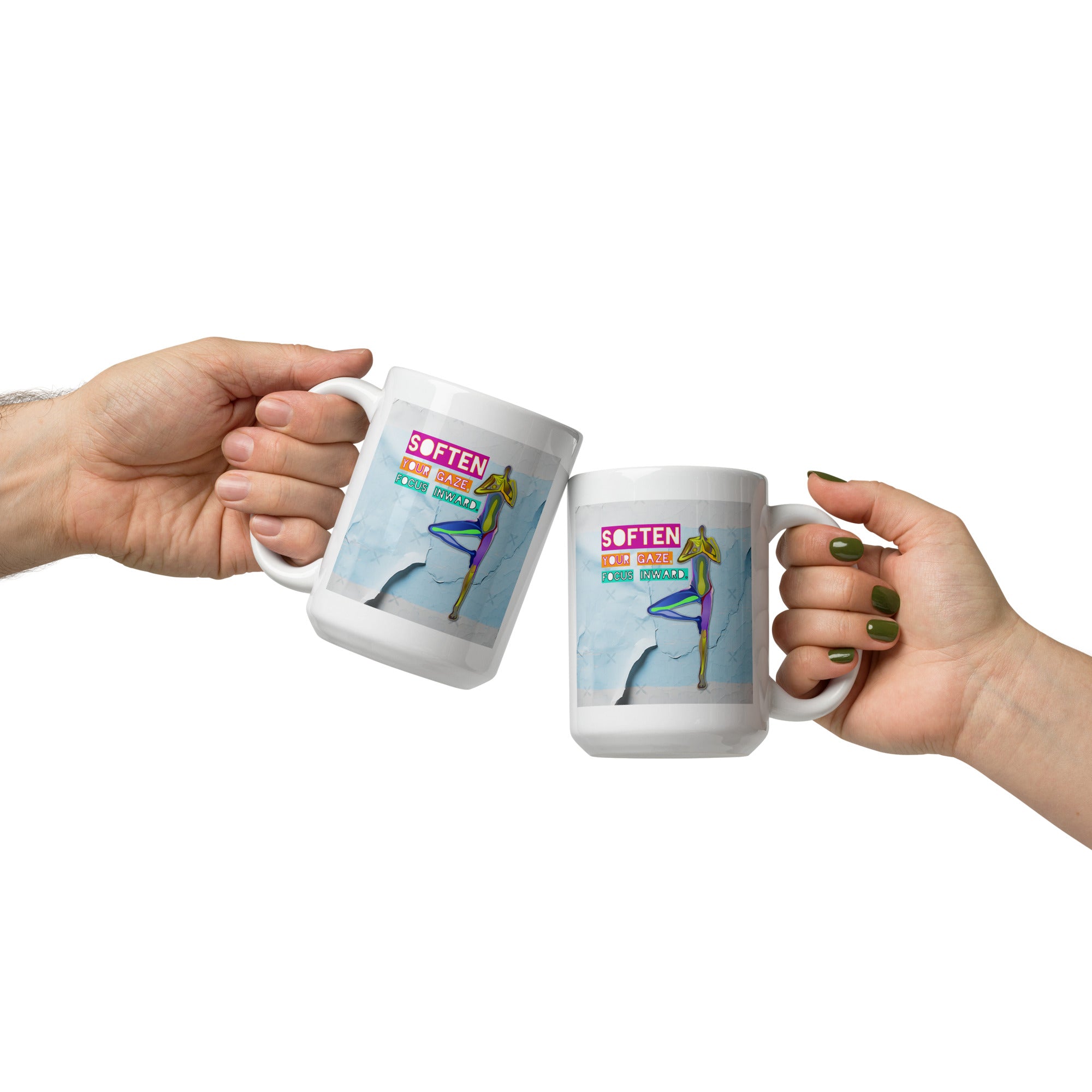 White glossy mug with calming Child's Pose design.