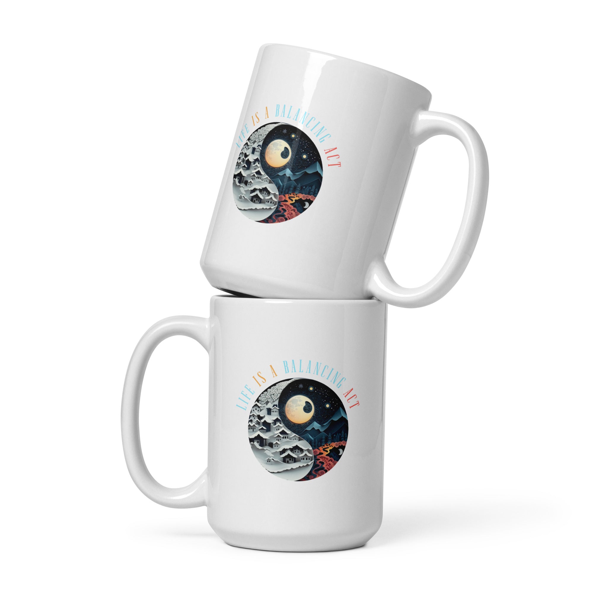 Close-up of Cosmic Dance Yin Yang design on white glossy mug.