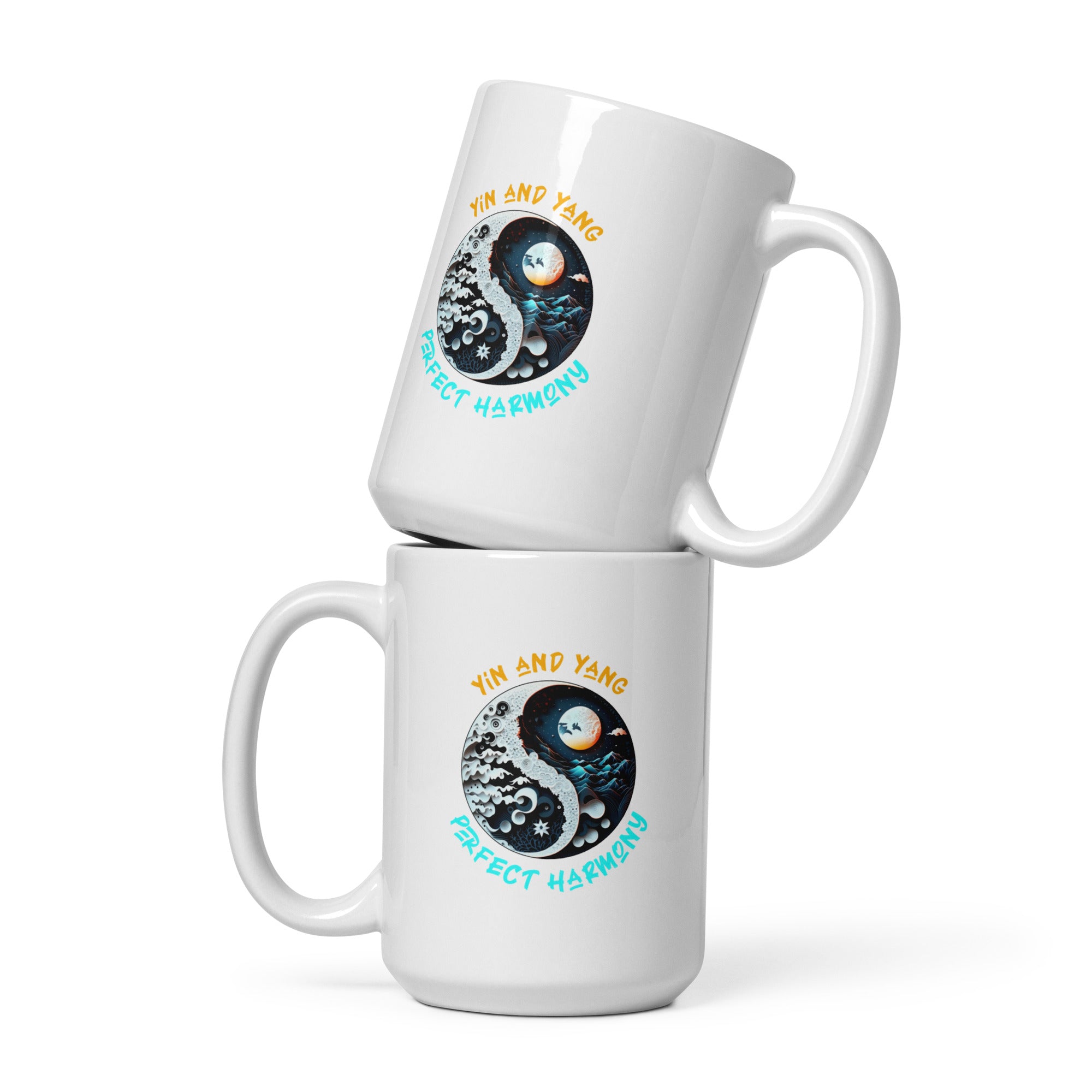 White Glossy Mug Featuring Yin Yang Interlocking Hearts Design.