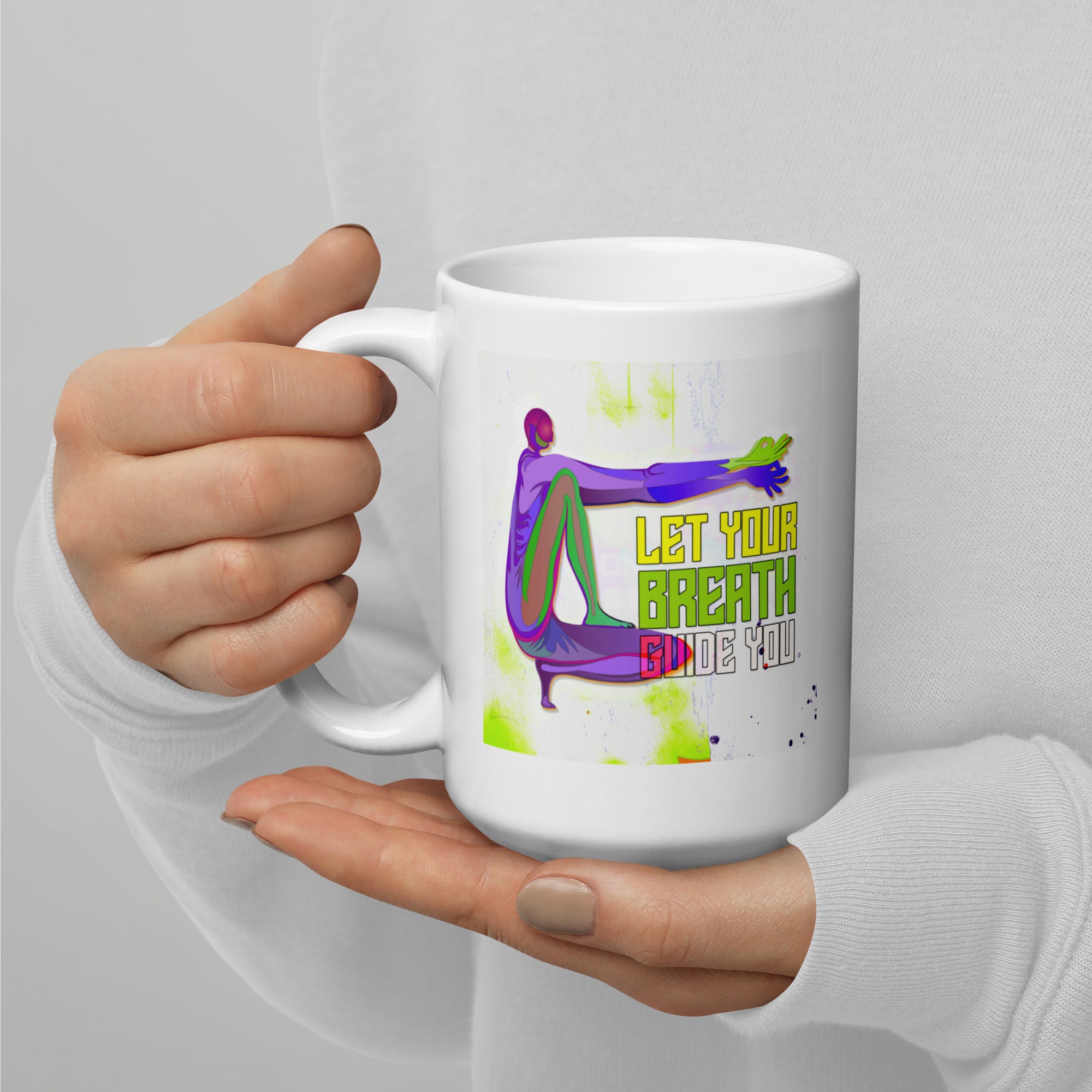 White glossy mug with Bridge Pose for a revitalizing sip.