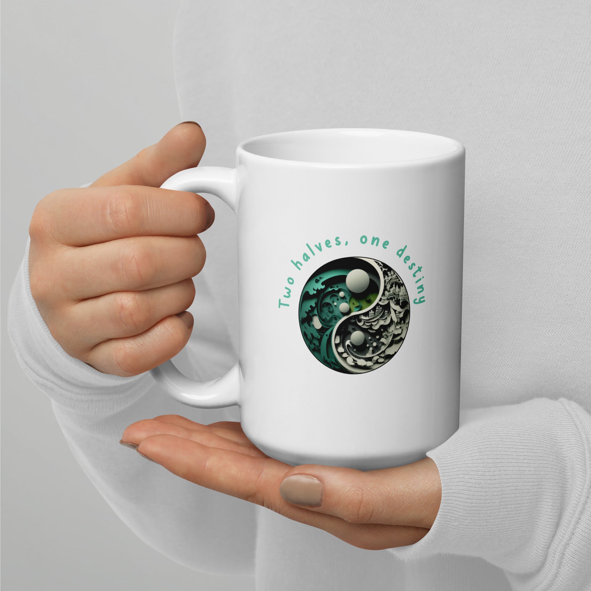 Stylish white glossy mug featuring polar opposite graphics.