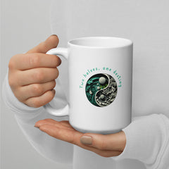 Stylish white glossy mug featuring polar opposite graphics.