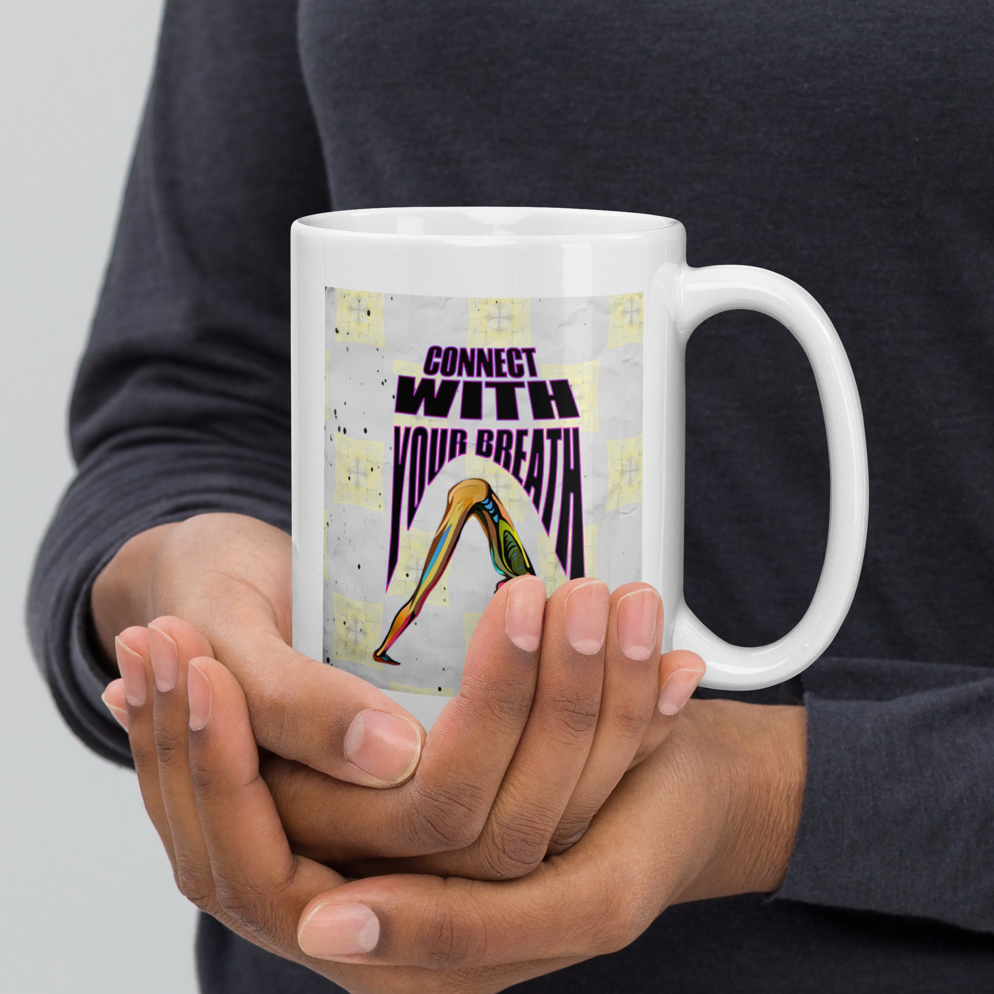 White glossy mug with Triangle Pose design for focus.