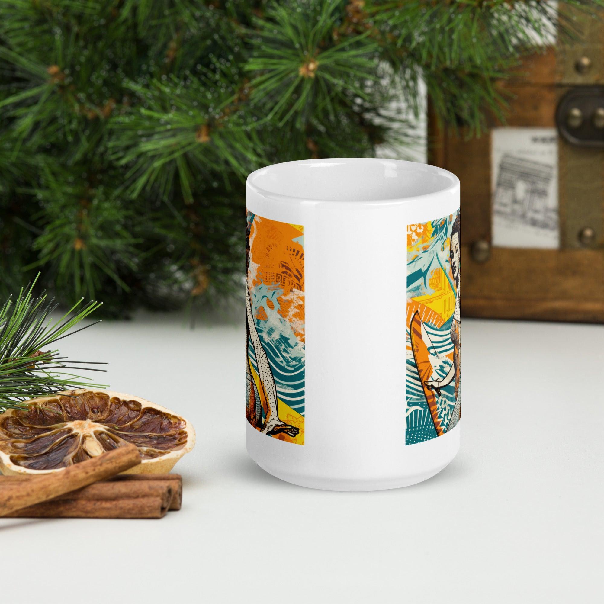 Sip in style with the Surfing 5 30 White Glossy Mug, showcasing vibrant oceanic artwork for a refreshing start.