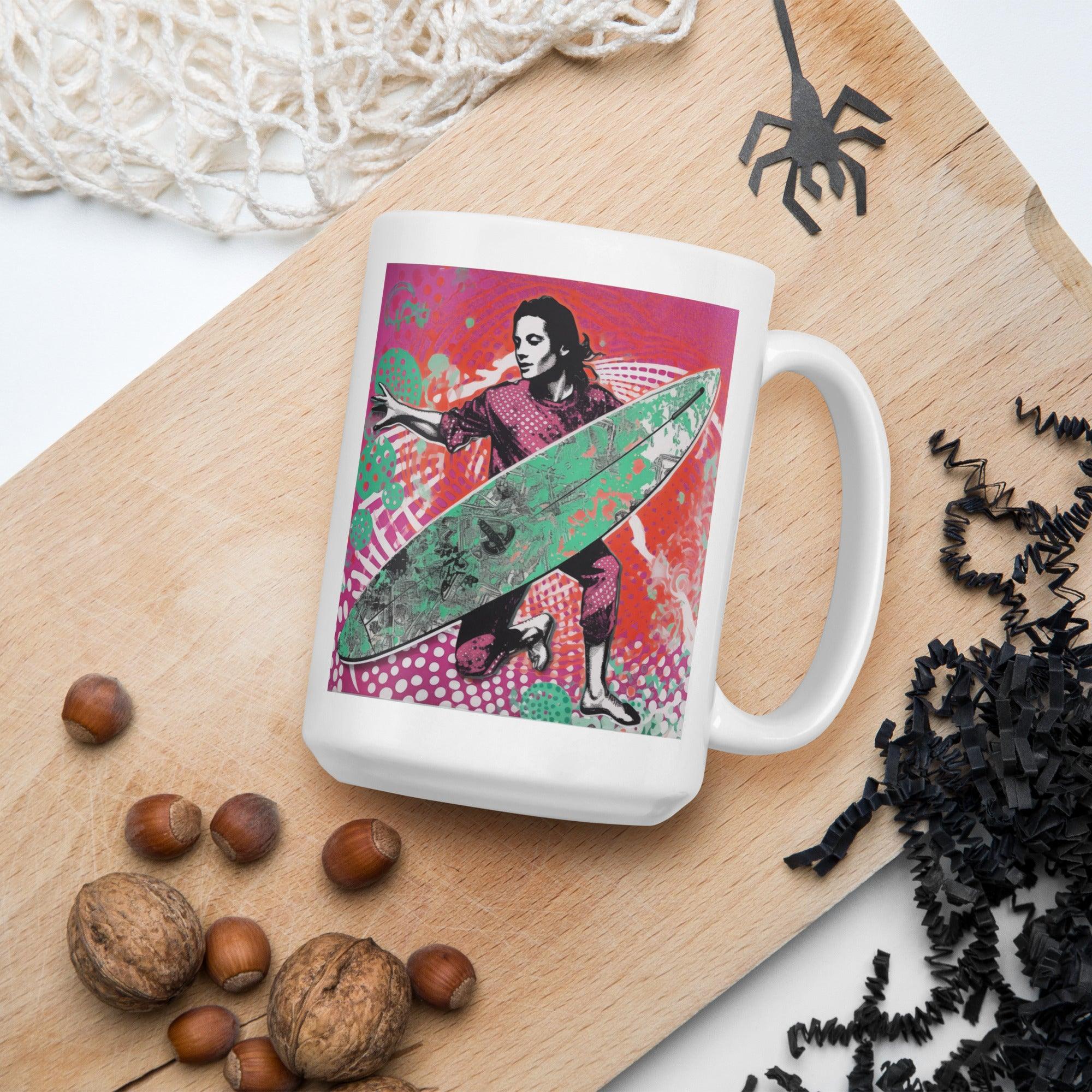 Chic white mug featuring Surfing 5 10's stylish wave pattern, perfect for your morning coffee or tea.