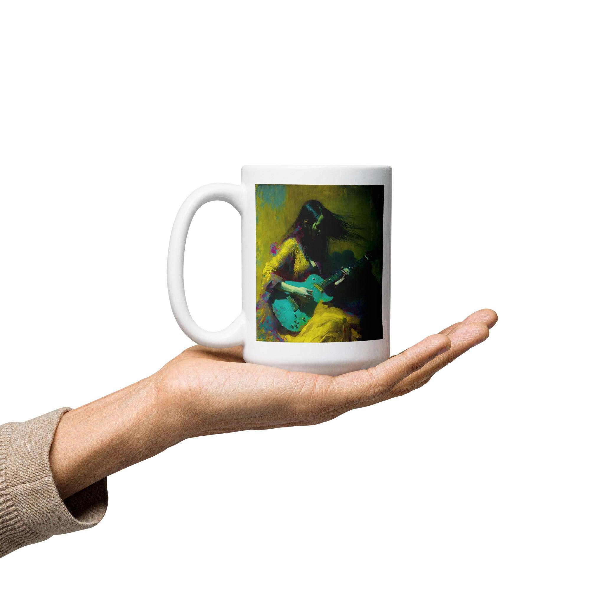 Hand holding NS-806 white glossy mug, white background.