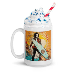 Chic and bright Surfing 5 09 White Glossy Mug, bringing a piece of the beach to your breakfast table.