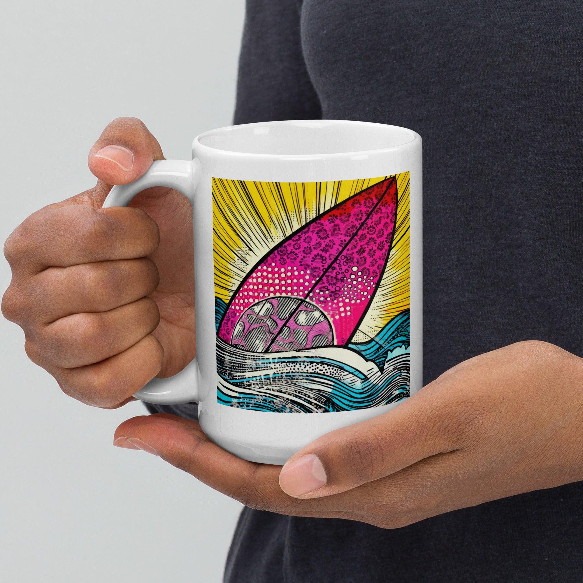 Sophisticated and durable Surfing 5 32 Mug in glossy white, inspired by surf culture, ideal for every beverage.