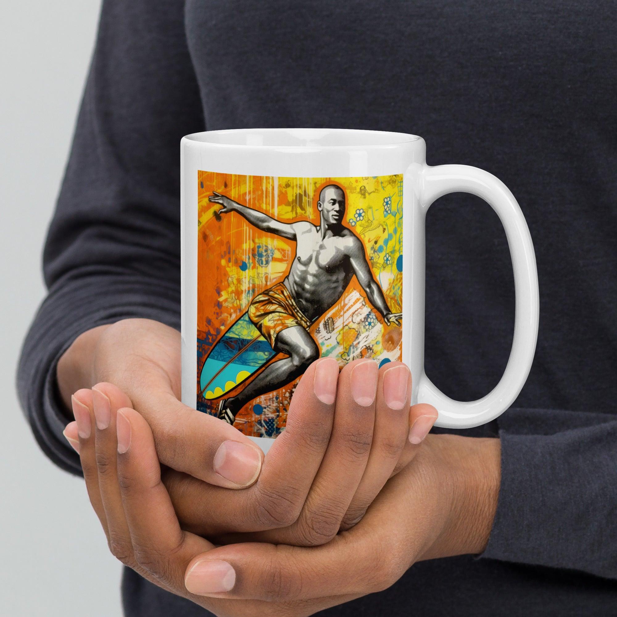 Bright and refreshing Surfing 5 12 Mug in glossy white, perfect for capturing the essence of the beach at breakfast.