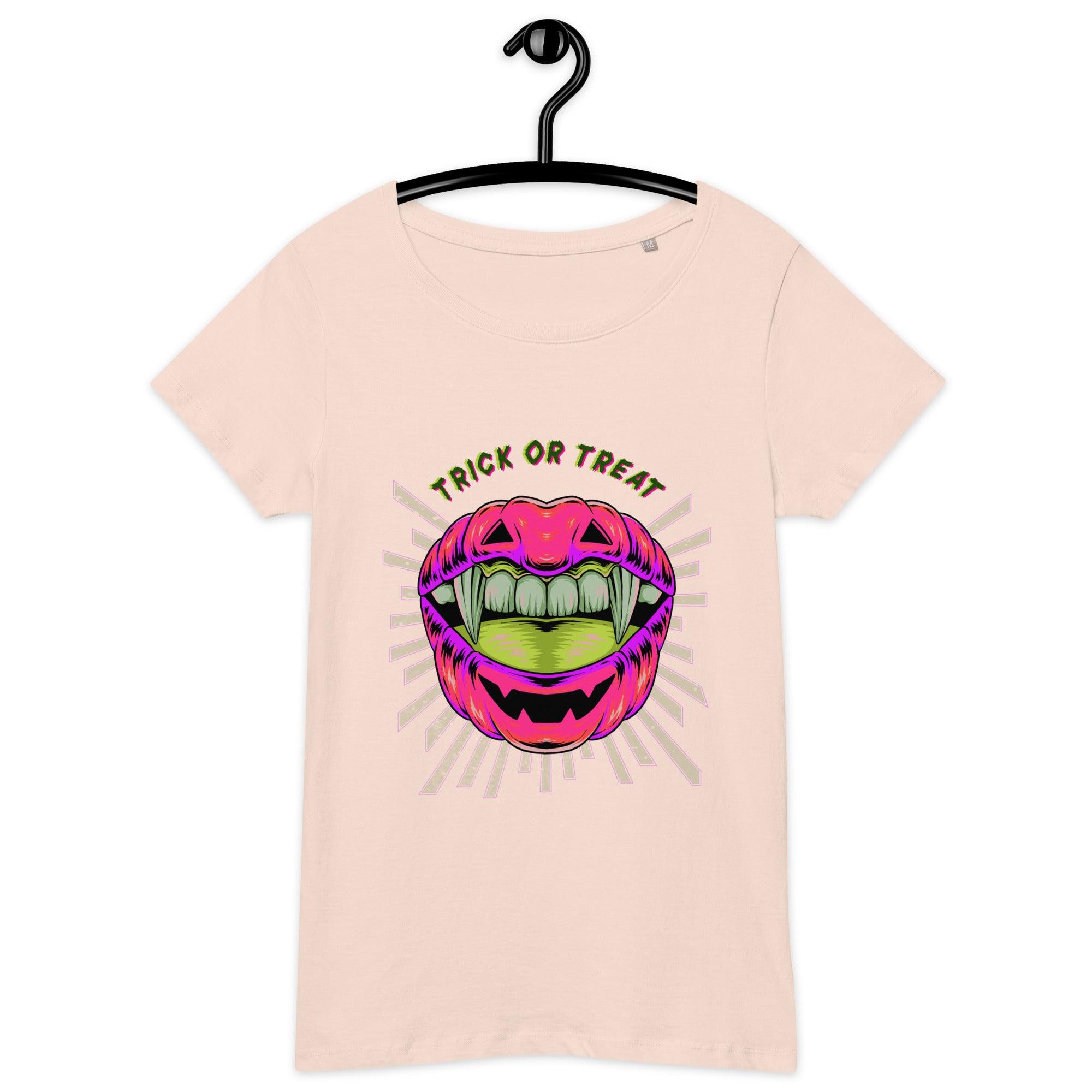 Vibrant organic pumpkin patch tee for women, celebrating Halloween with eco-friendly flair.
