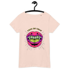 Vibrant organic pumpkin patch tee for women, celebrating Halloween with eco-friendly flair.