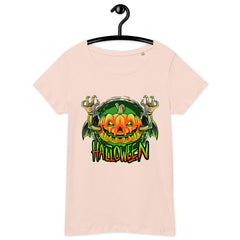 Sustainable fashion with a twist: Women's organic tee featuring a mystical night cat, perfect for Halloween.
