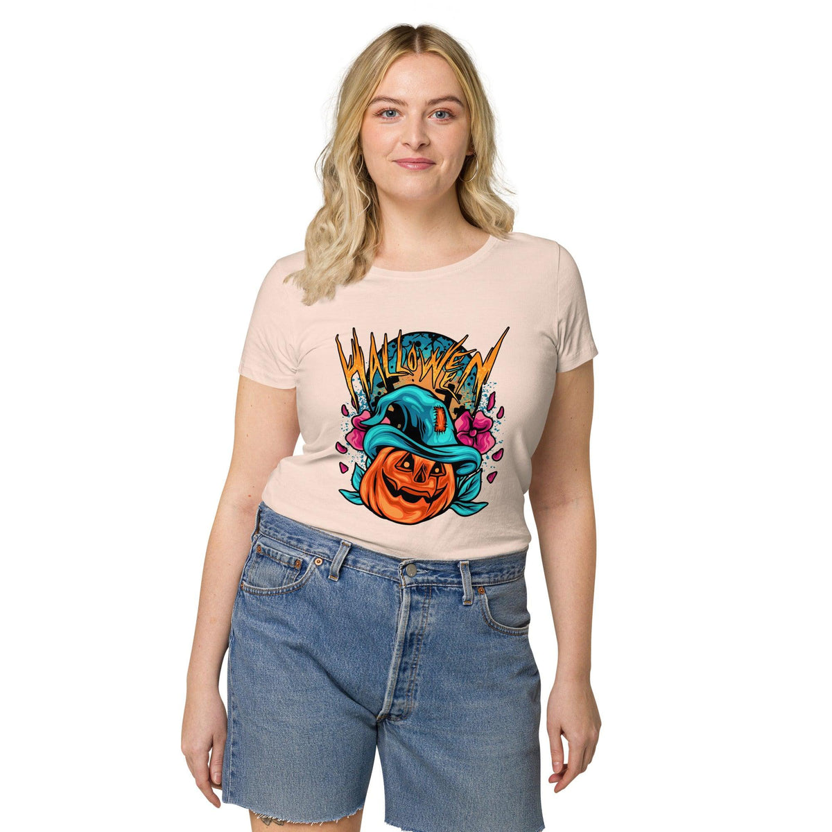 Woman rocking a ghoulishly glam skeleton dance organic tee, perfect for Halloween festivities.
