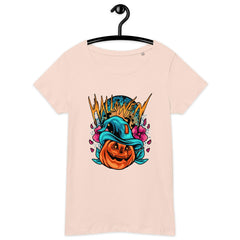 Organic women's tee featuring a skeleton dance, capturing the spirit of a ghoulishly glamorous Halloween.