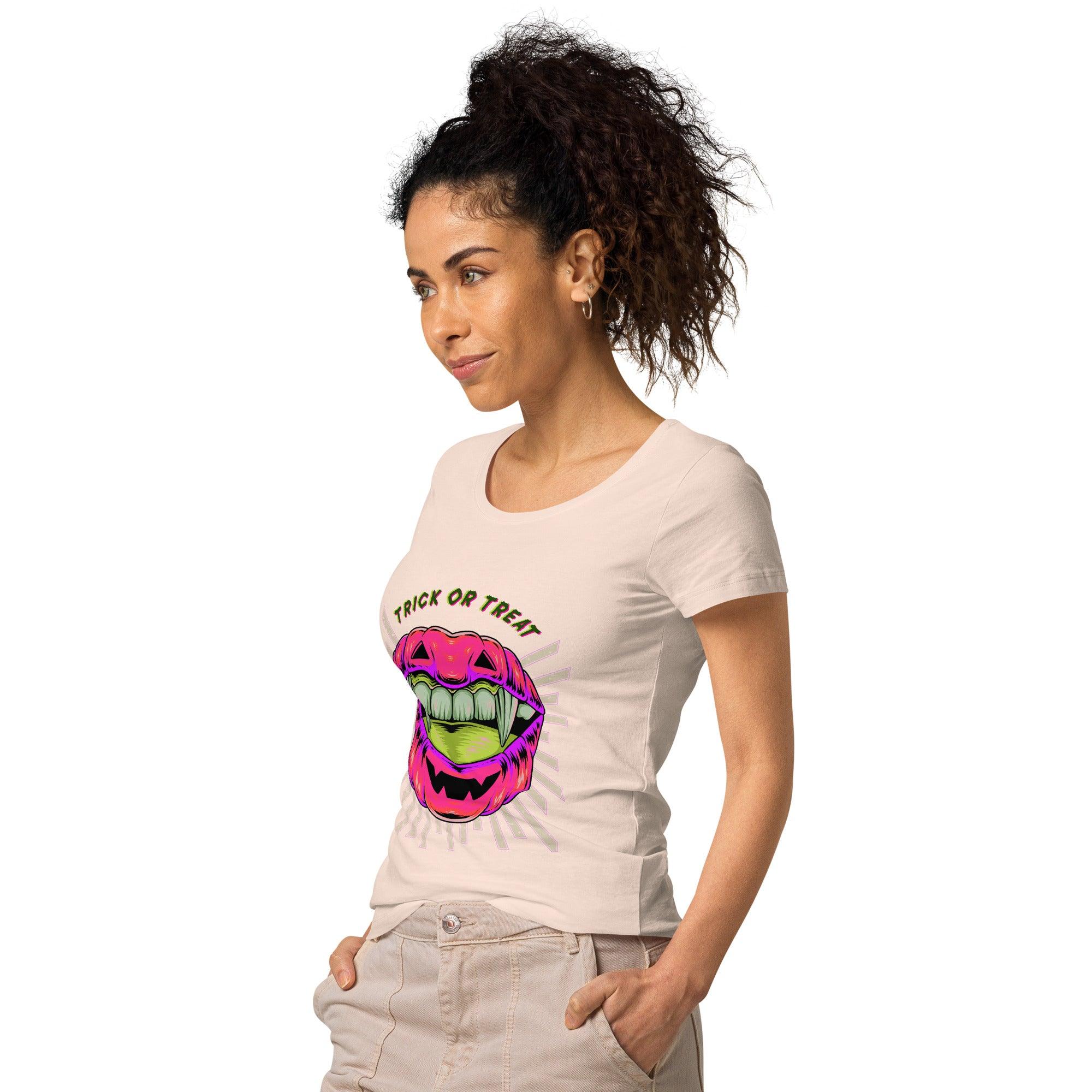 Eco-conscious woman wearing a Halloween pumpkin patch tee, showcasing seasonal vibrance and style.