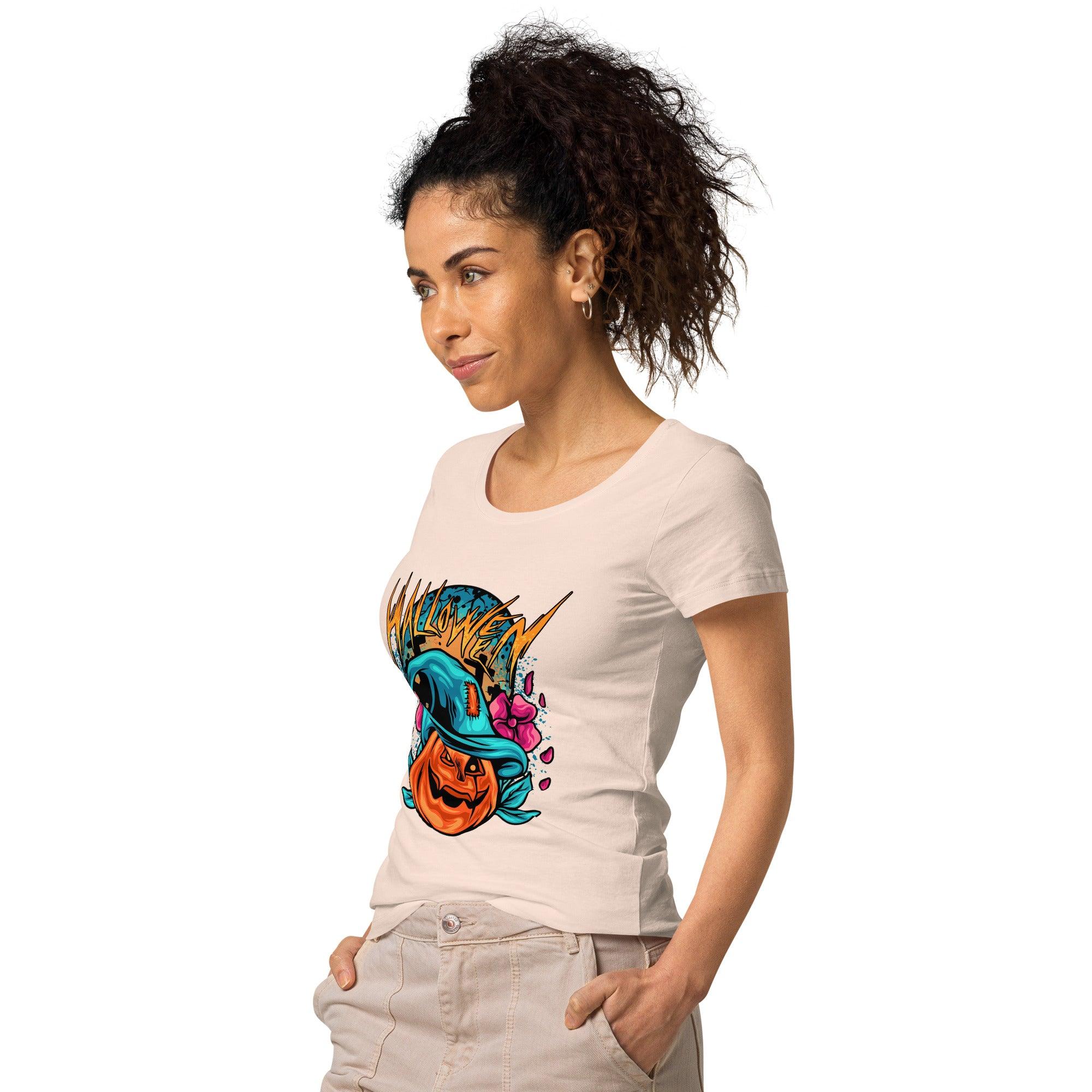 Eco-friendly Halloween fashion with a women's skeleton dance tee, blending sustainability with spooky glam.