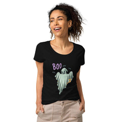 Eco-friendly Halloween cat lover tee for women, combining sustainability with festive fun.
