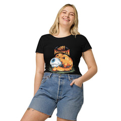 Eco-friendly women's tee with Harvest Moon design, celebrating Halloween in style.
