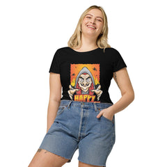 Stylish woman wearing an organically haunting Halloween tee, embracing the spooky season with an eco twist."