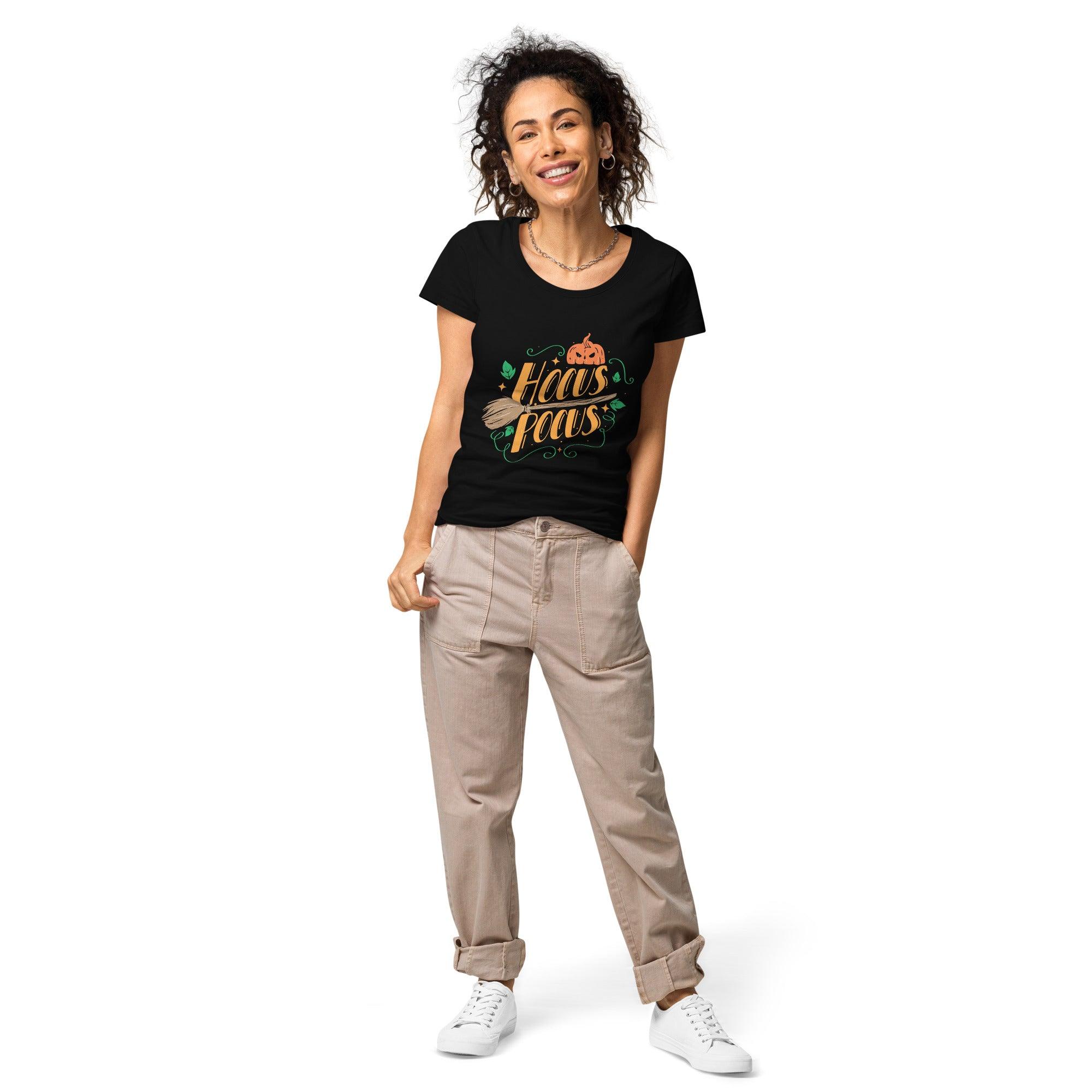 Creep It Real' Women's Organic Cotton Halloween T-Shirt laid out, showcasing the full spooky chic design for a sustainable October wardrobe.