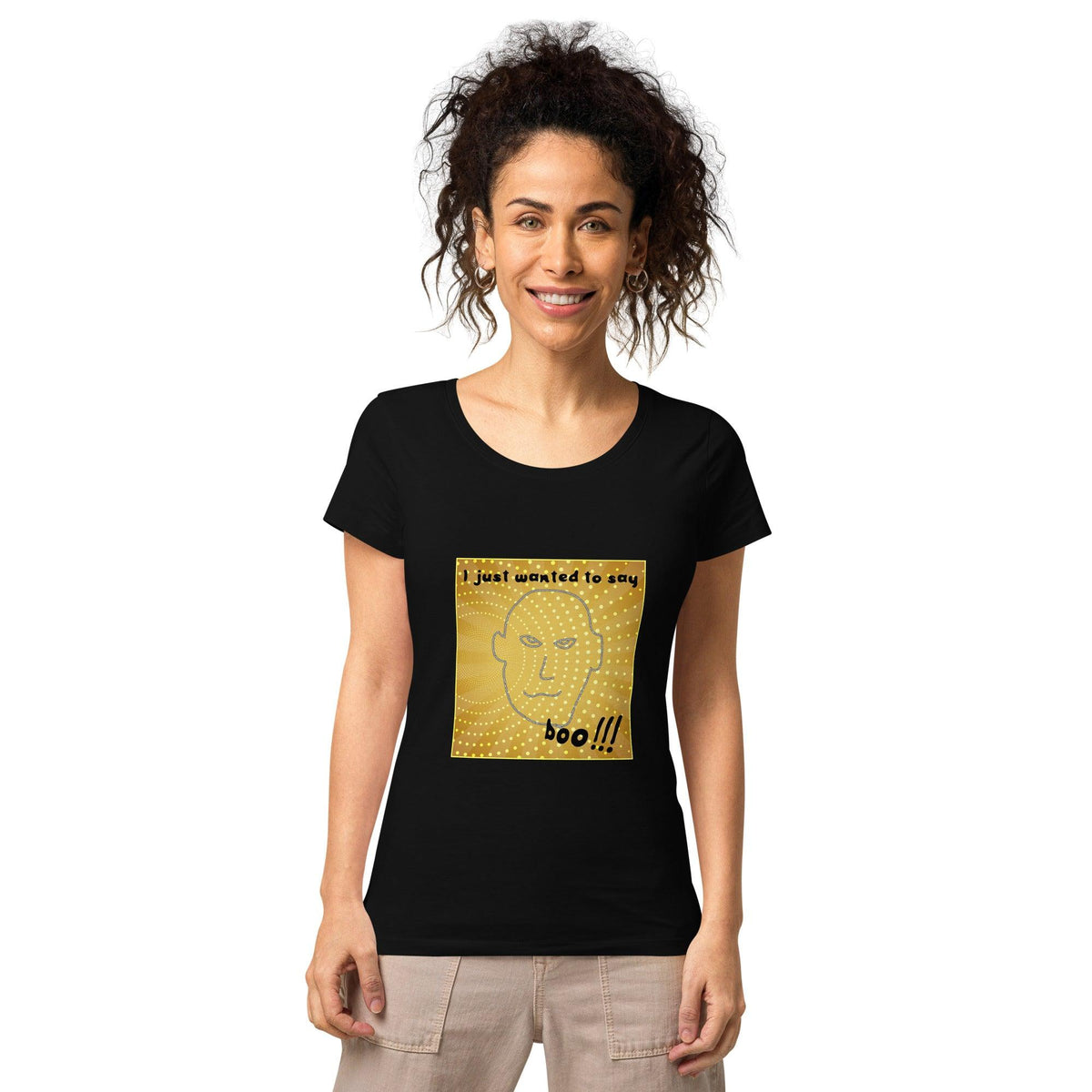 Woman wearing Halloween Inspired Organic T-Shirt, featuring a spooky yet stylish design perfect for October festivities.