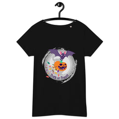 Laid-out view of the Halloween Magic Women's T-Shirt, highlighting the organic fabric and captivating design for eco-conscious celebrators.